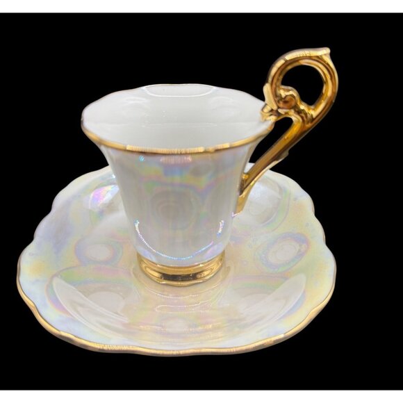 Vintage K. Fogg ‘87 Iridescent Porcelain Tea Cup & Saucer Gold Trim Gold Handle - Picture 1 of 11